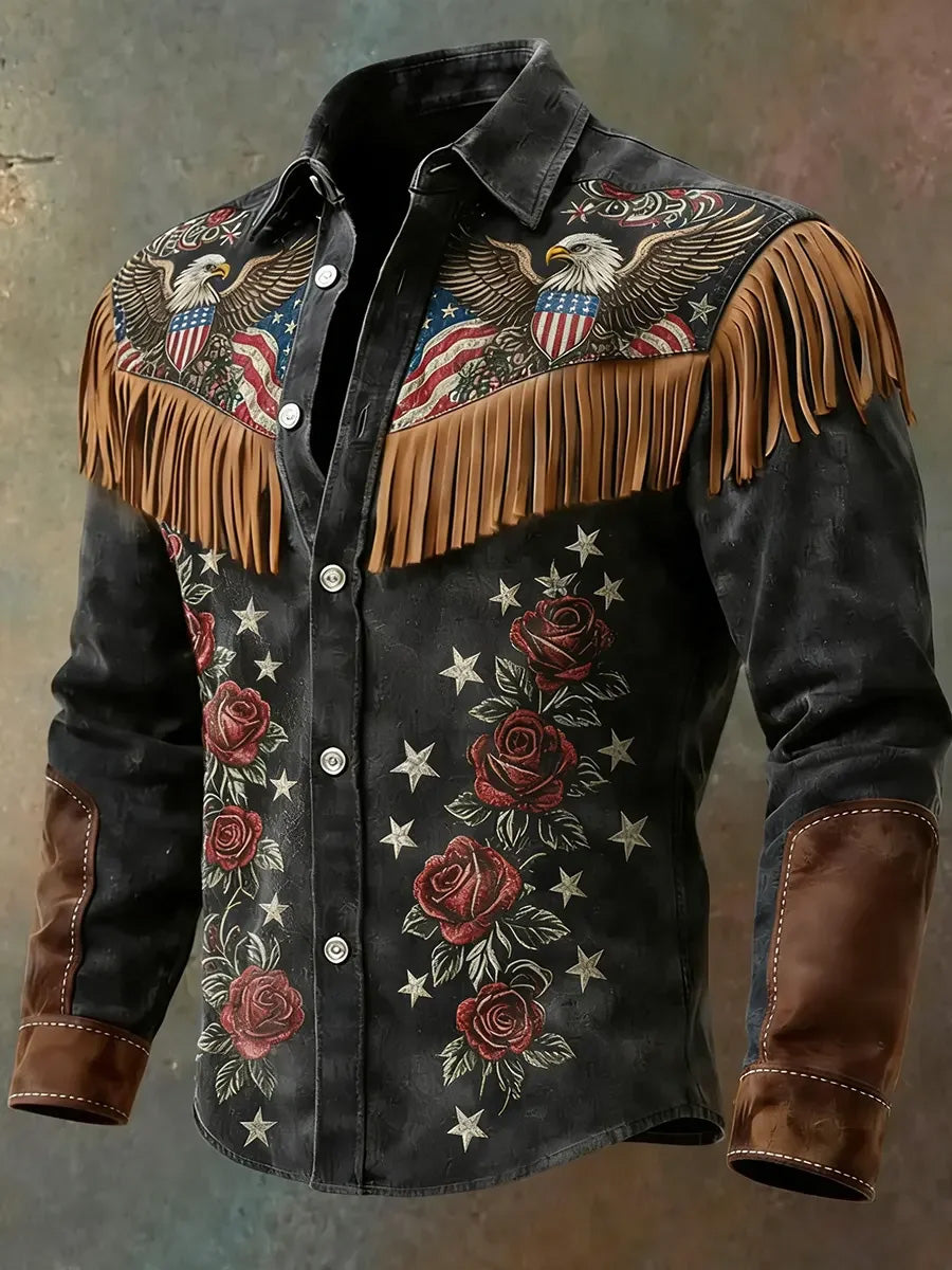 Men's Retro Western Style Print Vintage Tassel Casual Long Sleeve Shirt